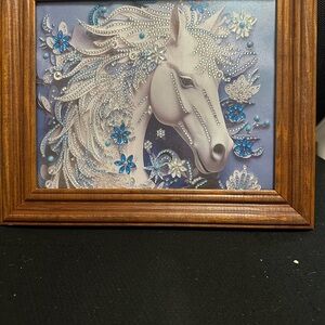 Framed Horse Art with Blue Accents
